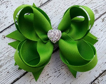 Girls Hair Bow ~ Apple Green Boutique Hair Bow ~ Toddler Hair Bow ~ Cute Hair Bow ~ Gift for Girls ~ Formal Wedding Bow with Sparkly Heart