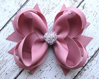 Girls Hair Bow - Mauve Boutique Hair Bow - Toddler Bow - Cute Fall Hair Bow - Gift for Girls - Formal Wedding Bow with Sparkly Heart