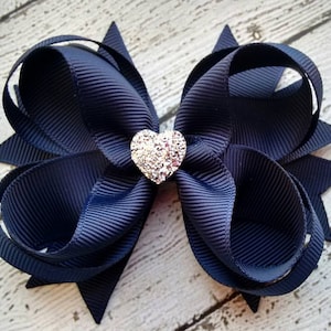 Girls Hair Bow Navy Boutique Hair Bow with Sparkly Heart for Formal, Wedding, Birthday Events Cute Back to School Gift for Girls image 1