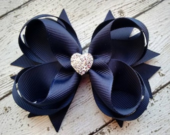 Girls Hair Bow ~ Navy Boutique Hair Bow with Sparkly Heart for Formal, Wedding, Birthday Events ~ Cute Back to School Gift for Girls