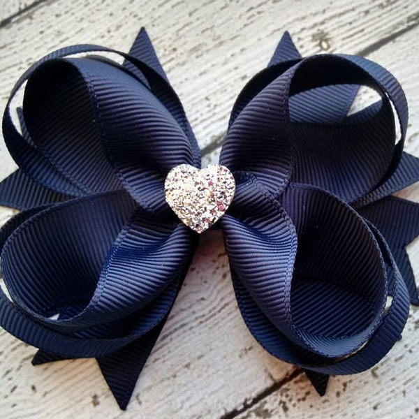 Girls Hair Bow ~ Navy Boutique Hair Bow with Sparkly Heart for Formal, Wedding, Birthday Events ~ Cute Back to School Gift for Girls