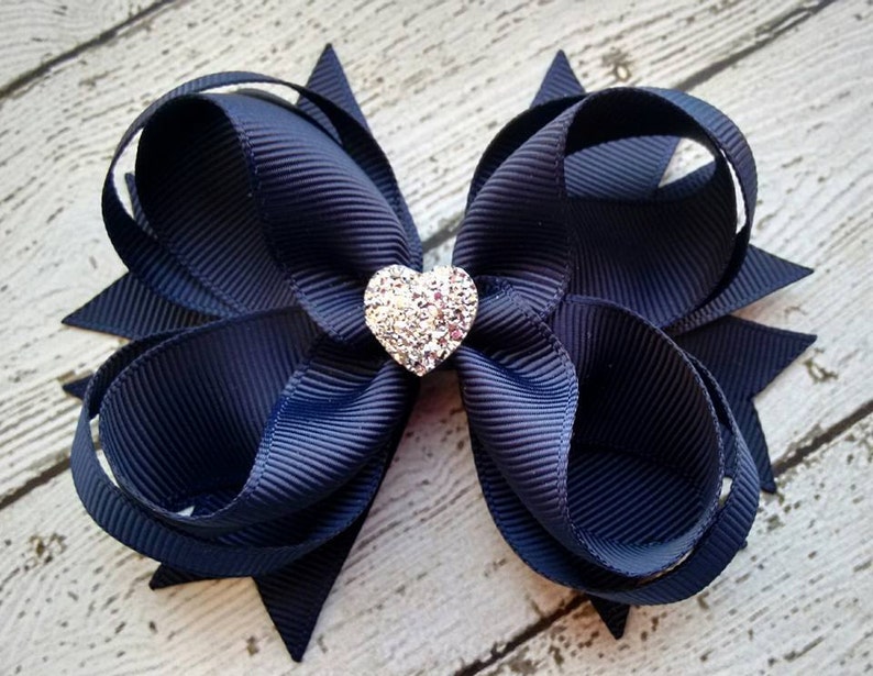 Girls Hair Bow Navy Boutique Hair Bow with Sparkly Heart for Formal, Wedding, Birthday Events Cute Back to School Gift for Girls image 1