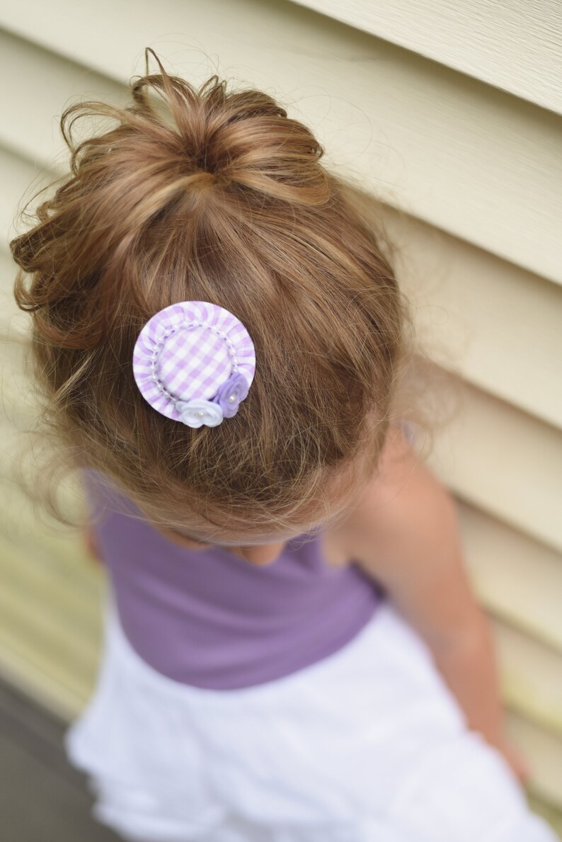 Lavender and White Baby Hair Clips Gingham Mini Top Hat Clips for Toddlers Mini Hat Headbands for Babies Felt Flower Baby Headbands image 2