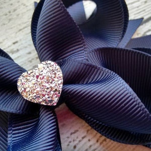 Girls Hair Bow Navy Boutique Hair Bow with Sparkly Heart for Formal, Wedding, Birthday Events Cute Back to School Gift for Girls image 4