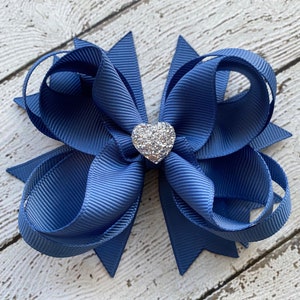 Girls Hair Bow Smoky Blue Boutique Hair Bow with Sparkly Heart for Formal, Wedding, Birthday Events Cute Back to School Gift for Girls image 1