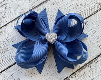 Girls Hair Bow ~ Smoky Blue Boutique Hair Bow with Sparkly Heart for Formal, Wedding, Birthday Events ~ Cute Back to School Gift for Girls