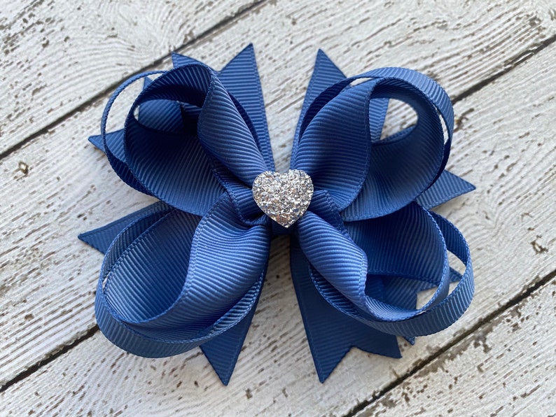 Girls Hair Bow Smoky Blue Boutique Hair Bow with Sparkly Heart for Formal, Wedding, Birthday Events Cute Back to School Gift for Girls image 1