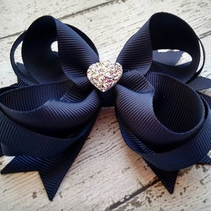 Girls Hair Bow Navy Boutique Hair Bow with Sparkly Heart for Formal, Wedding, Birthday Events Cute Back to School Gift for Girls image 2