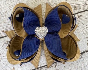 Girls Hair Bow ~ Navy & Khaki Boutique Hair Bow ~ Back to School Hair Bow ~ Gift for Girls ~ Formal Wedding Bow with Sparkly Heart