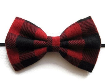 Baby Plaid Bow Headband – Red & Black Tartan Elastic Band main image 1