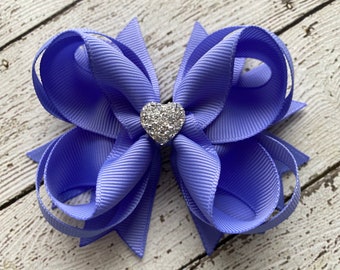 Girls Hair Bow, Lilac Boutique Hair Bow, Toddler Hair Bow, Lilac Bows, Gift for Girls, Formal Wedding Bow with Sparkly Heart, Birthday Bow