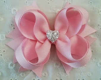 Girls Hair Bow - Light Pink Boutique Bow - Toddler Hair Bow - Gift for Girls- School Bow - Wedding Bow with Sparkly Heart