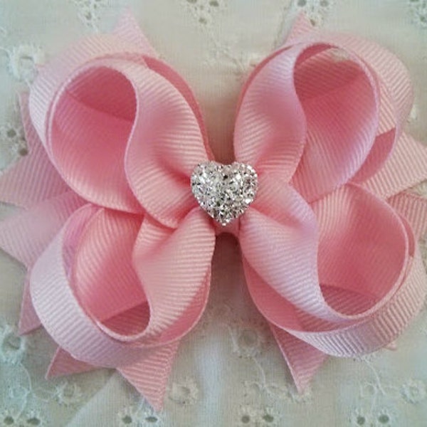 Girls Hair Bow - Light Pink Boutique Bow - Toddler Hair Bow - Gift for Girls- School Bow - Wedding Bow with Sparkly Heart