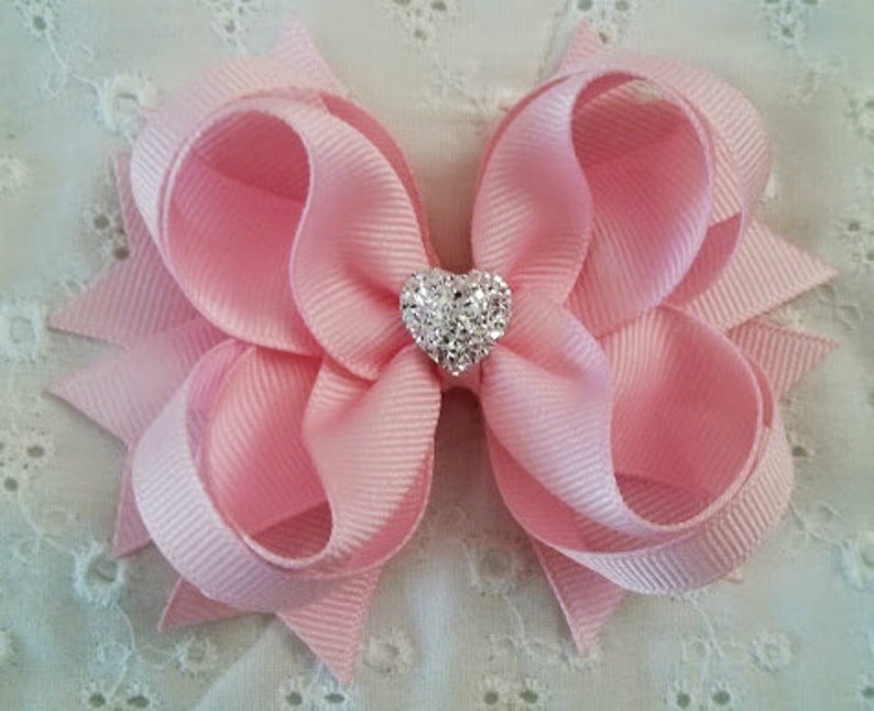 Girls Hair Bow Light Pink Boutique Bow Toddler Hair Bow Gift for Girls School Bow Wedding Bow with Sparkly Heart image 1