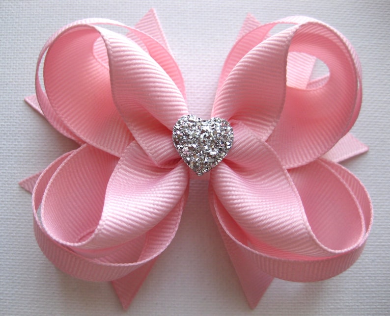 Girls Hair Bow Light Pink Boutique Bow Toddler Hair Bow Gift for Girls School Bow Wedding Bow with Sparkly Heart image 3