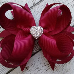 Fall Boutique Hair Bow Burgundy Boutique Hair Bow Girls Hair Bow Wine Boutique Hair Bow Formal Wedding Bow with Sparkly Heart image 1