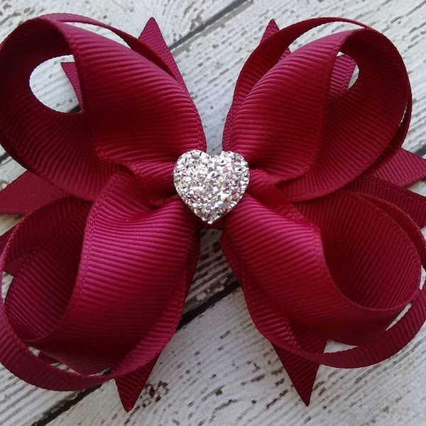 Fall Boutique Hair Bow - Burgundy Boutique Hair Bow - Girls Hair Bow - Wine Boutique Hair Bow - Formal Wedding Bow with Sparkly Heart