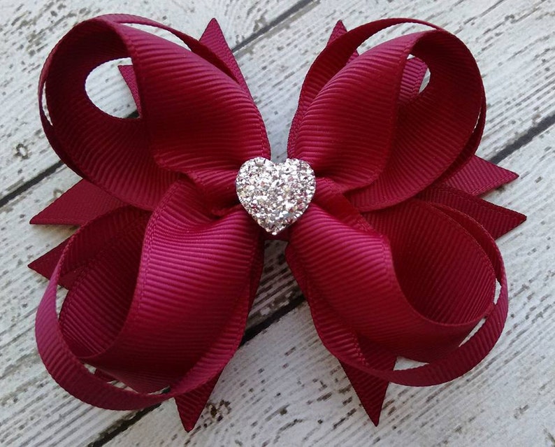 Fall Boutique Hair Bow Burgundy Boutique Hair Bow Girls Hair Bow Wine Boutique Hair Bow Formal Wedding Bow with Sparkly Heart image 1