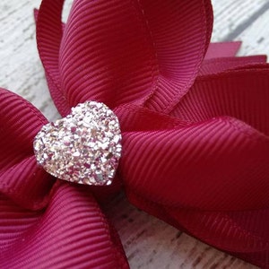 Fall Boutique Hair Bow Burgundy Boutique Hair Bow Girls Hair Bow Wine Boutique Hair Bow Formal Wedding Bow with Sparkly Heart image 2