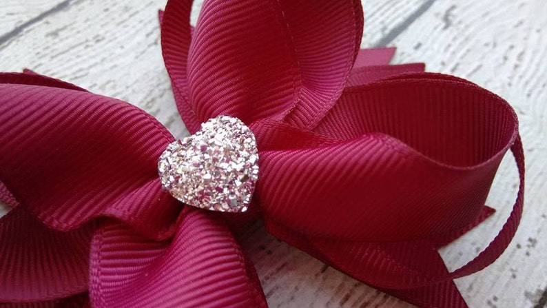 Fall Boutique Hair Bow Burgundy Boutique Hair Bow Girls Hair Bow Wine Boutique Hair Bow Formal Wedding Bow with Sparkly Heart image 2