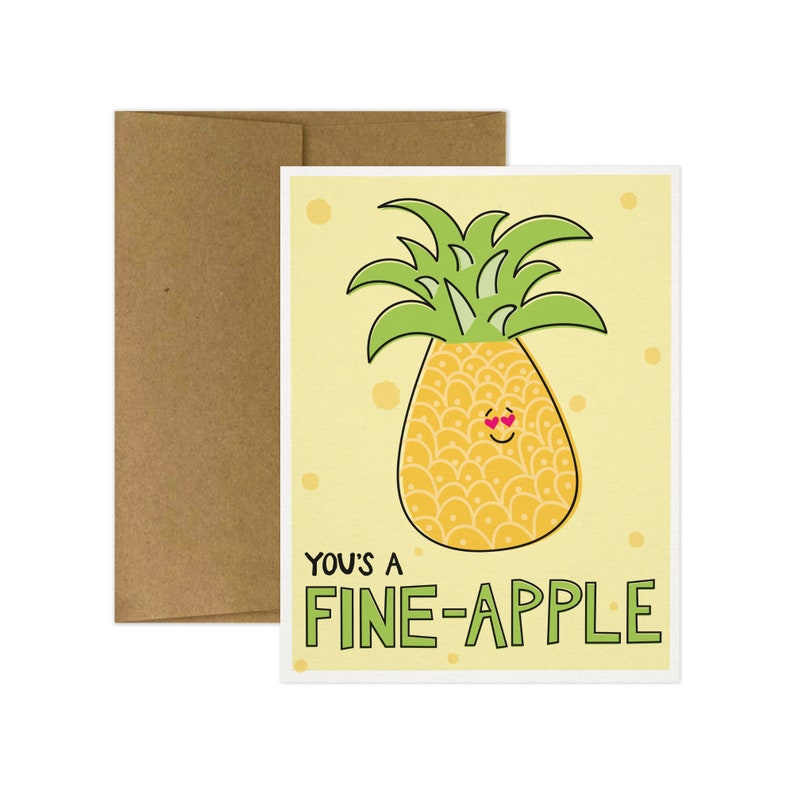 SUPER SALE You's a Fine-Apple, Greeting Card. Funny Valentine's Day Card. Valentine's Day Card. Funny Food Valentine. Pineapple Card. image 2