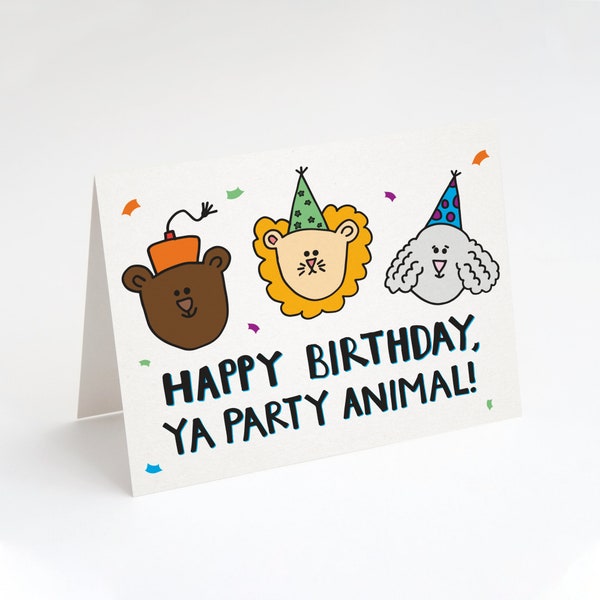 SUPER SALE! Happy Birthday, Ya Party Animal! Greeting Card by Tiny Gang Designs. Birthday Card. Funny Birthday Card. Bear. Tiger. Dog. Hat.