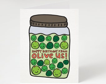 NEW! Happy Birthday From Olive Us! Greeting Card. Funny Birthday Card. Cute Birthday Card. Birthday Card from Group. Olives. Olive Us. Cute.