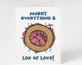 SUPER SALE! Merry Everything & Lox of Love. Greeting Card. Funny Holiday Card. Funny Christmas Card. Funny Hanukkah Card. Bagel Card. Food.