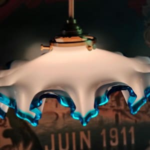 Gorgeous Original Vintage French light shade, white milk glass and blue glass pendant, ceiling fixture, Art Deco,  Antique Chateau Chic