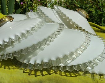 Vintage French Opaline Light Shade: White Milk Glass Coolie shade, clear frilly edge, pie crust, Chateau Chic, France, classic style