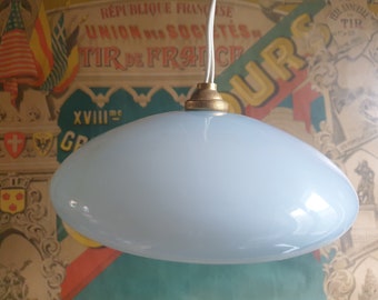 Blue glass light shade, vintage antique French Art Deco pendant shade uplight, rounded shape chateau chic