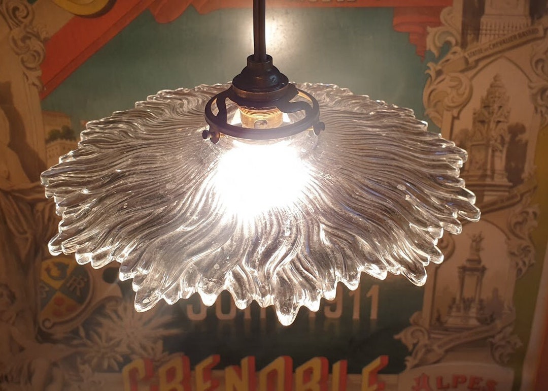Vintage Unusual Sunburst French Glass Lightshade, Clear Glass Antique