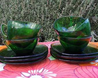 VERECO FRANCE Set 6 Tassen und Untertassen, vintage 1970, GRÜN Glas, Französisch, Tee, Kaffee, Retro, Espresso Duralex, Geschirr, Café Getränke