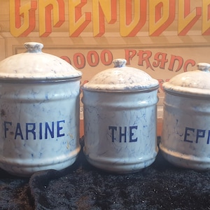 SET OF FIVE Vintage Enamel French Canisters, Storage Pots, Tins with lids, blue and white enamel, shabby chic, kitchenalia