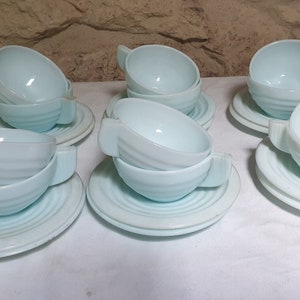 Vintage French Art Deco Milk Glass Cup and Saucer Set: Pale Blue Tea Coffee