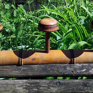 May include: A wooden coat rack with three hooks. The rack is made of a single piece of wood with a natural brown finish. The hooks are round and have a dark brown finish.