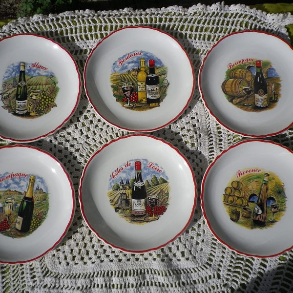 Ensemble de 6 assiettes à fromage Orchies Moulin des Loups, assiettes latérales, assiettes vintage françaises, régions viticoles de France, céramique rétro de style campagnard