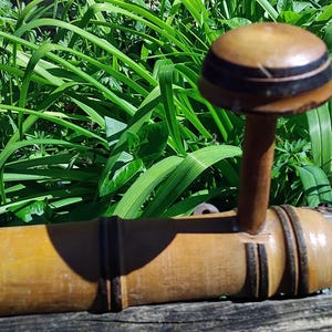 May include: A wooden coat rack with three hooks. The hooks are shaped like mushrooms with brown and black stripes. The rack is made of bamboo and has a natural finish.