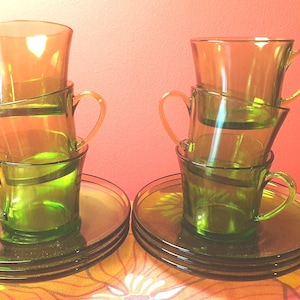 DURALEX FRANCE Set of 6 small cups and saucers, vintage 1970&#39;s, GREEN glass, French, coffee, retro, expresso tableware, cafe beverage Vereco