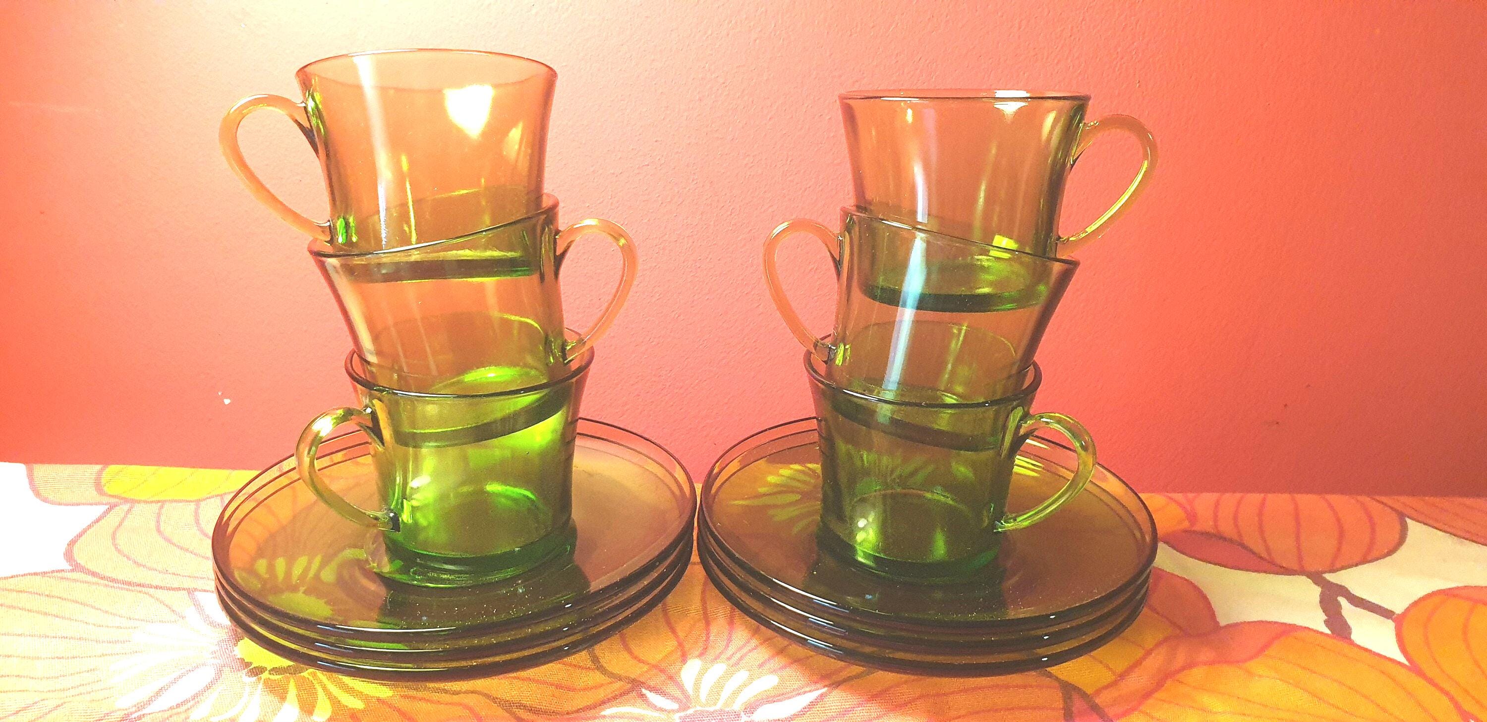 DURALEX FRANCE Set 6 kleine Tassen und Untertassen, vintage 1970, GRÜN Glas, Französisch, Kaffee, Retro, Espresso Geschirr, Café Vereco