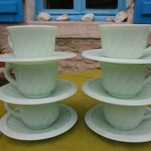 Set of 6 Vintage Art Deco French Jadite Glass Cup and Saucer Set (6)