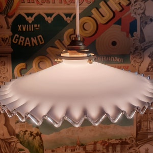 Original Vintage French light shade, white milk glass coolie shade. frilly edge, pie crust, opaline, Art Deco, Antique, pendant  fixture FE1