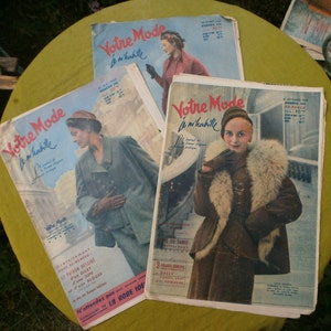 THREE Vintage Fashion Magazines 1950&#39;s French, advertising, clothing, Votre Mode, wrapping paper, newspaper, design, dresses, clothes, retro