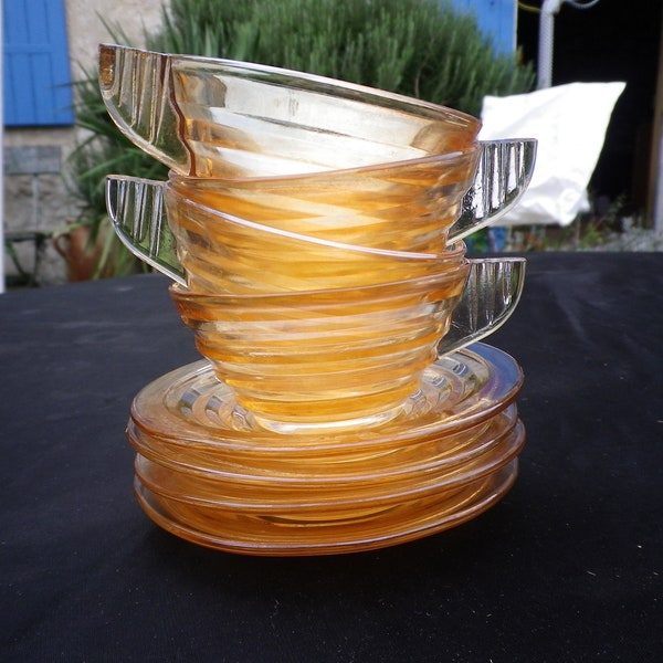 Vintage Gondolo Glass Tea Cup Set: Salmon Pink Art Deco Style