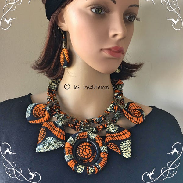 parure collier boucles d'oreilles ethno chics en coton wax noir orange