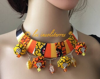 Ensemble  collier choker africain  et boucles demi lune choker métal argenté et wax jaune orange style ethno chic bohème