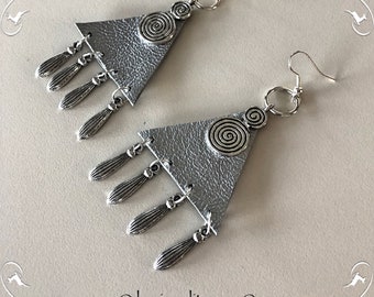 Ethno chic silver genuine leather triangle earrings with charms