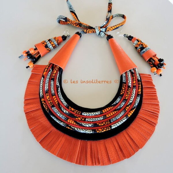 parure collier multirangs cuir franges wax africain ethnique orange et noir  boucles assorties wax cuir