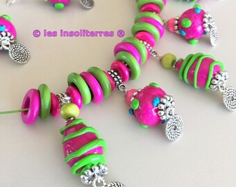 parure collier boucles ethniques gipsy bohème nomade fun rose fuschia vert anis polymer clay