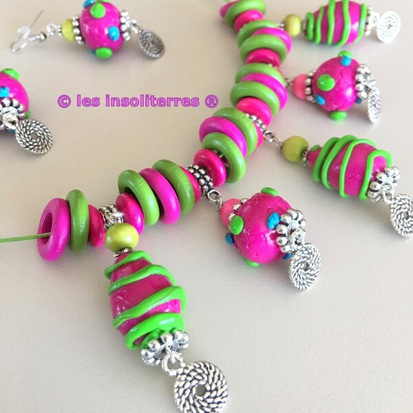 parure collier boucles ethniques gipsy bohème nomade fun rose fuschia vert anis polymer clay